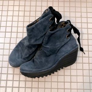 Fly London Yama Blue Suede Wedge Booties
